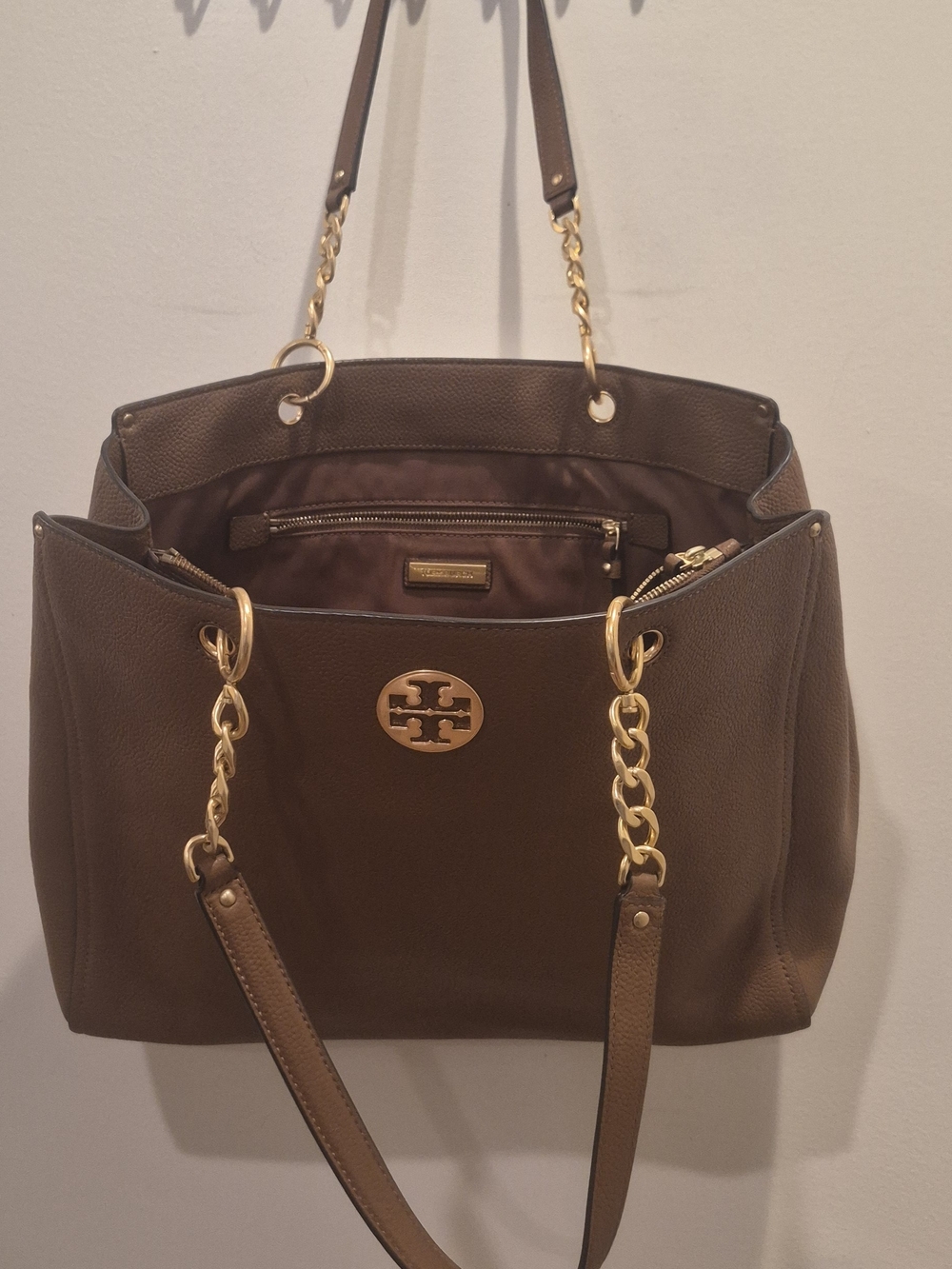 Tory Burch Brown Leather Tote with Gold Chain Trim